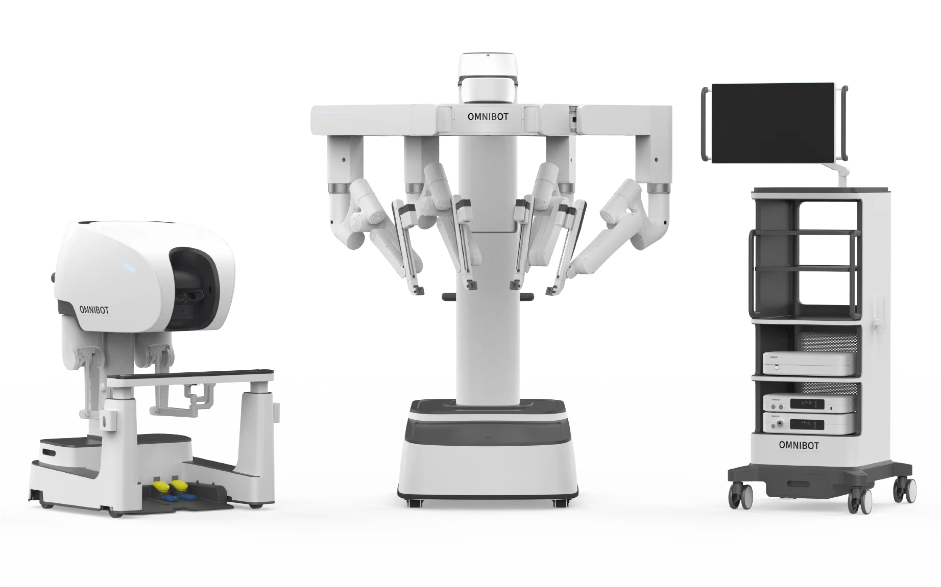 OMNIBOT MP 1000 surgical robotics system shown as a full lineup: ergonomic surgeon console, four-arm patient cart, and vision tower